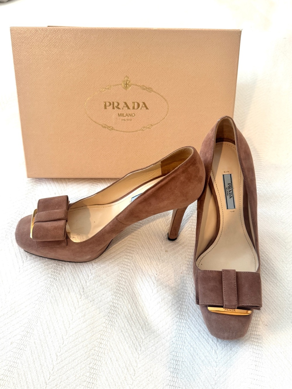 Prada Taupe Suede Bow Peep-Toe Pumps